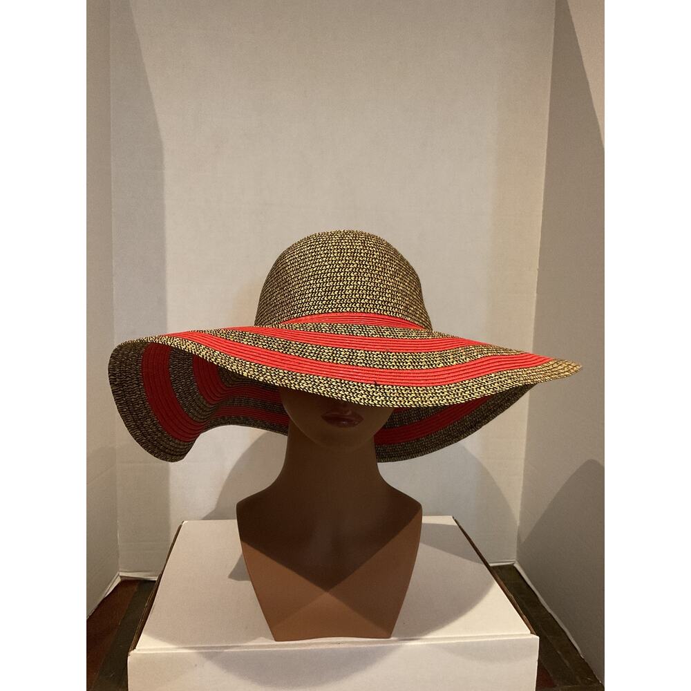 Amiani - Woven Yute - Deep Red Stripe and Tweed Wide Brim Sun Hat